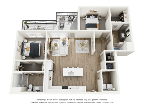 Floor plan for 2 beds, 2 baths, 1173 sqft